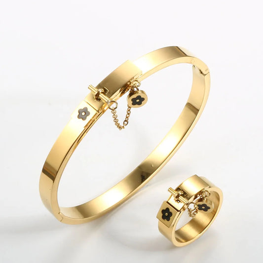 Jewelry Set - Stainless Steel Golden Bangle Bracelet and Ring