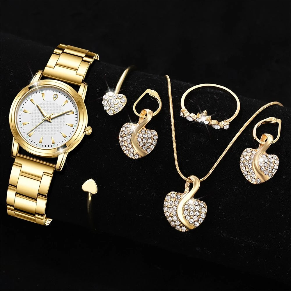 Women's Jewelry Watch Set - Gold Quartz Watch with Ring Necklace Earring