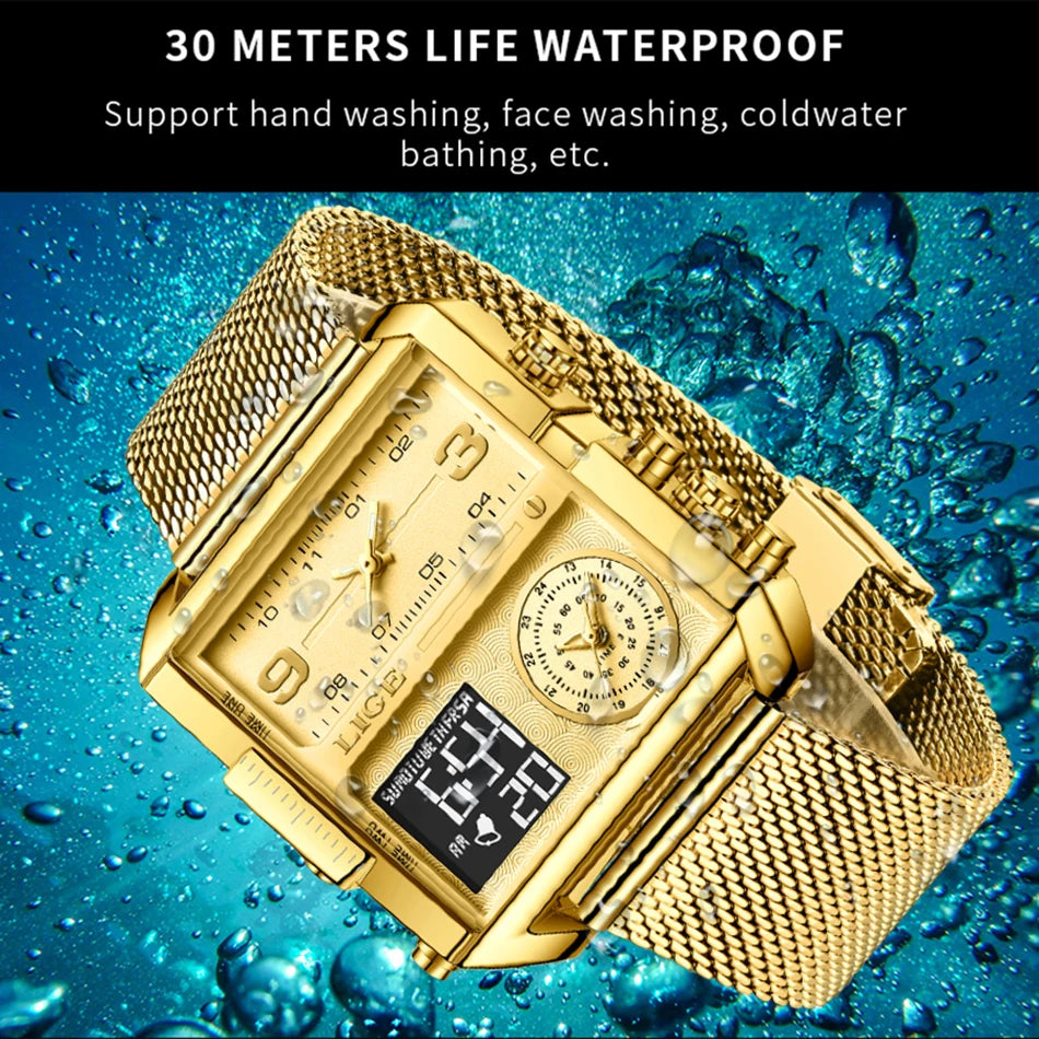 ساعة LIGE 2024 النسائية - ساعة فاخرة مربعة ذات شاشة مزدوجة