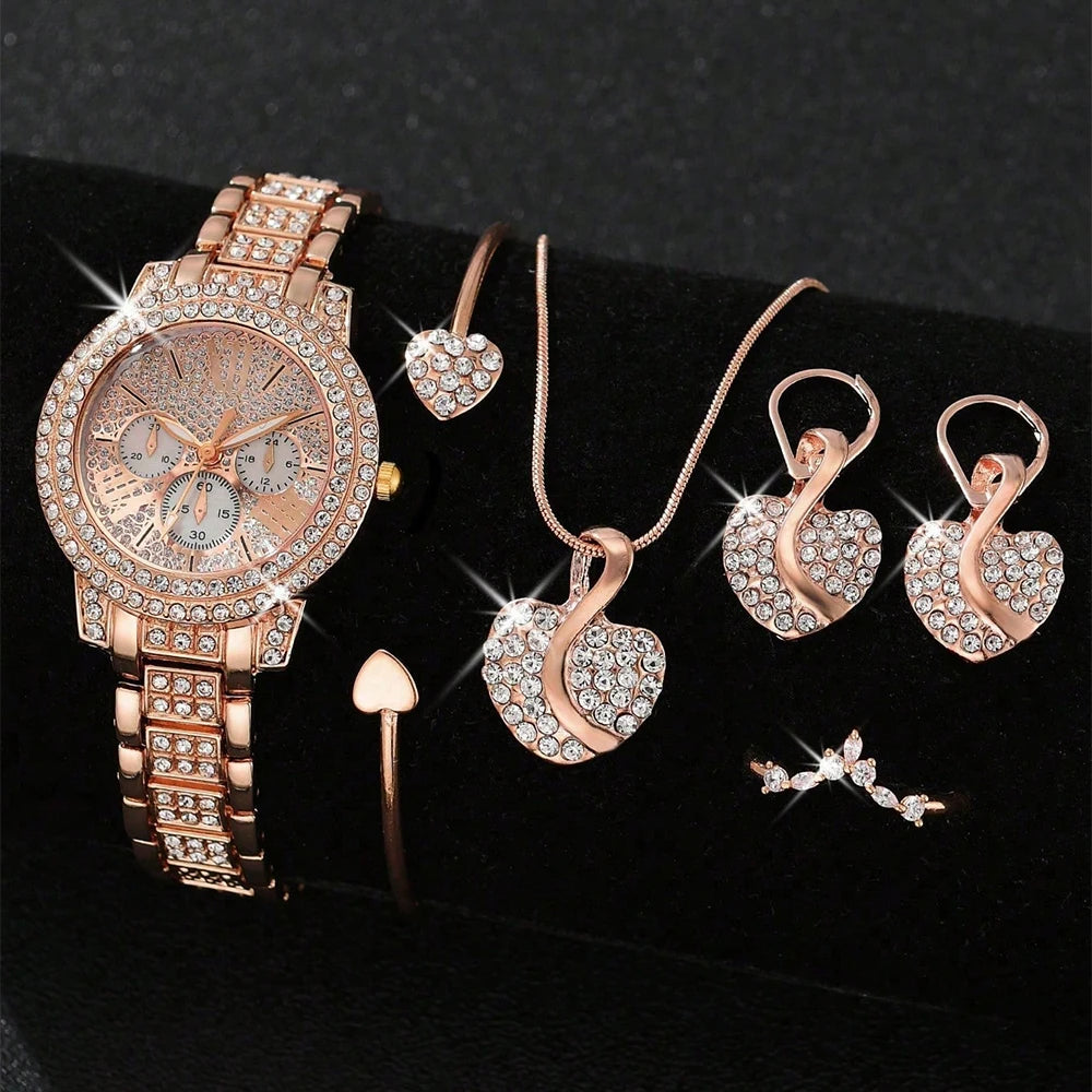 Women's Jewelry Watch Set - Gold Quartz Watch with Ring Necklace Earring