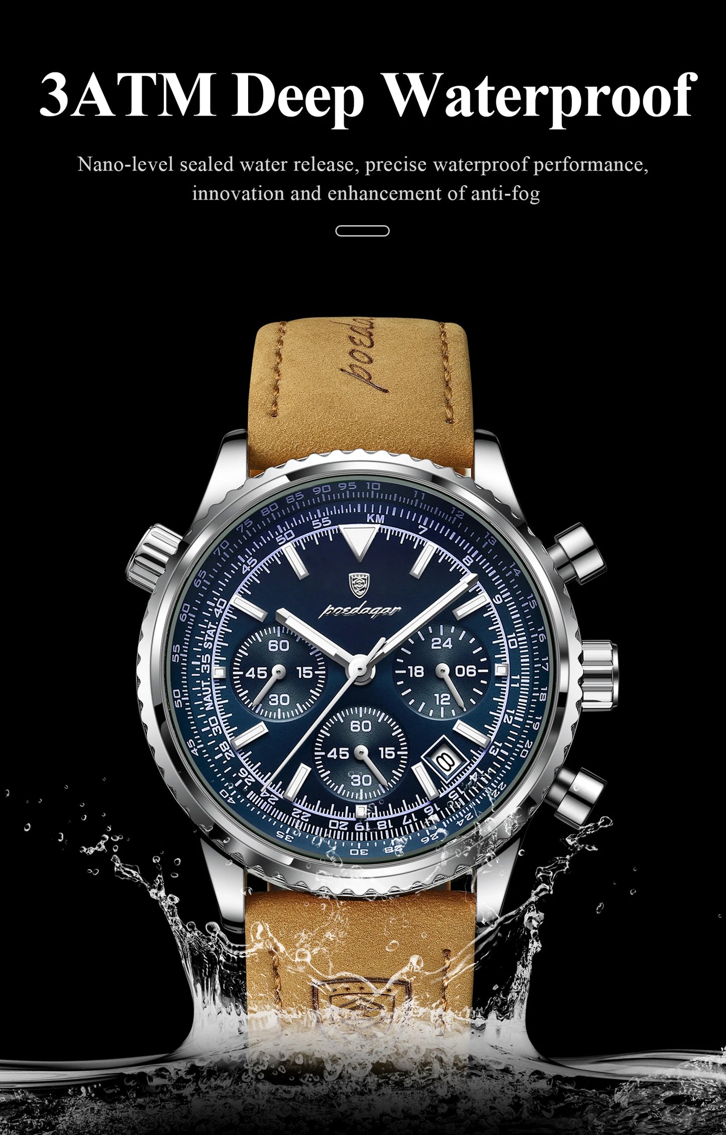 ساعة رجالية فاخرة من ماركة POEDAGAR مقاومة للماء ومضيئة وتاريخ كرونوغراف من الجلد ساعة رجالية كوارتز ساعات عمل أنيقة للرجال