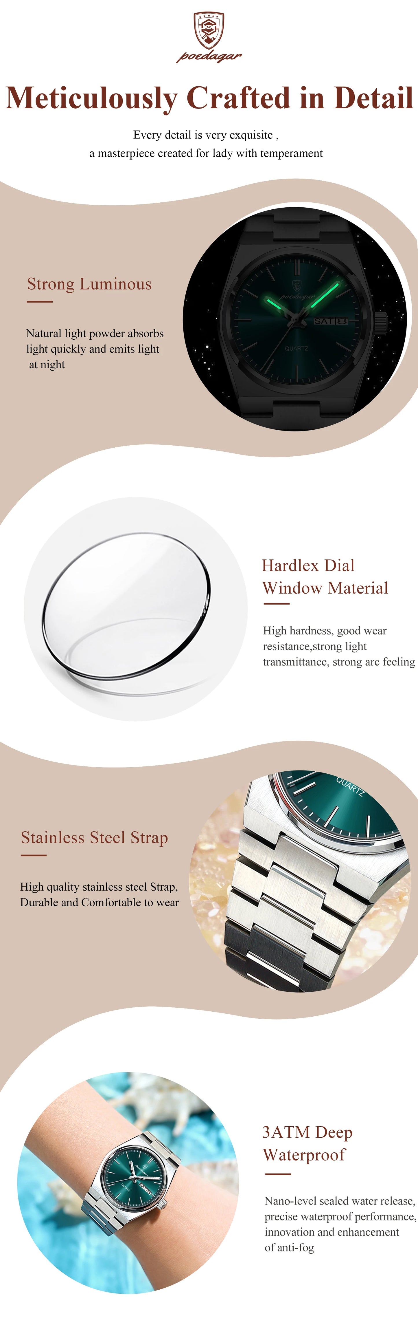 Montre femme POEDAGAR - Montre à quartz professionnelle, étanche et lumineuse