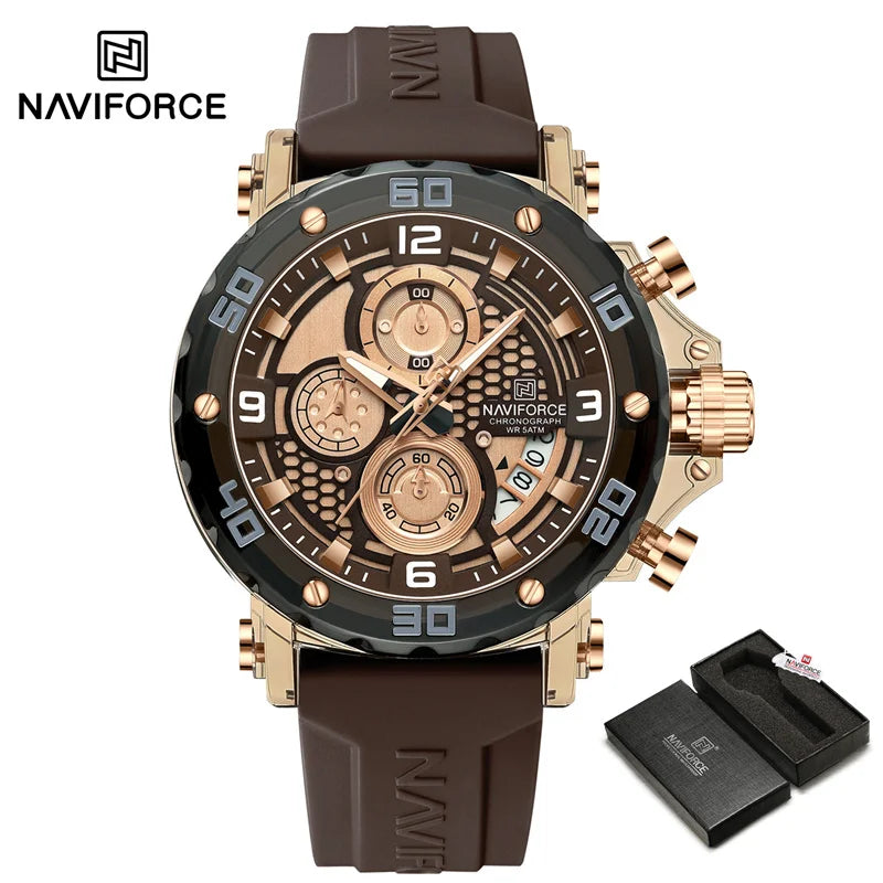 ساعة NAVIFORCE للرجال كوارتز عصرية مقاومة للماء حتى 5ATM ساعات رجالية كرونوغراف عقارب مضيئة حزام سيليكون خفيف الوزن