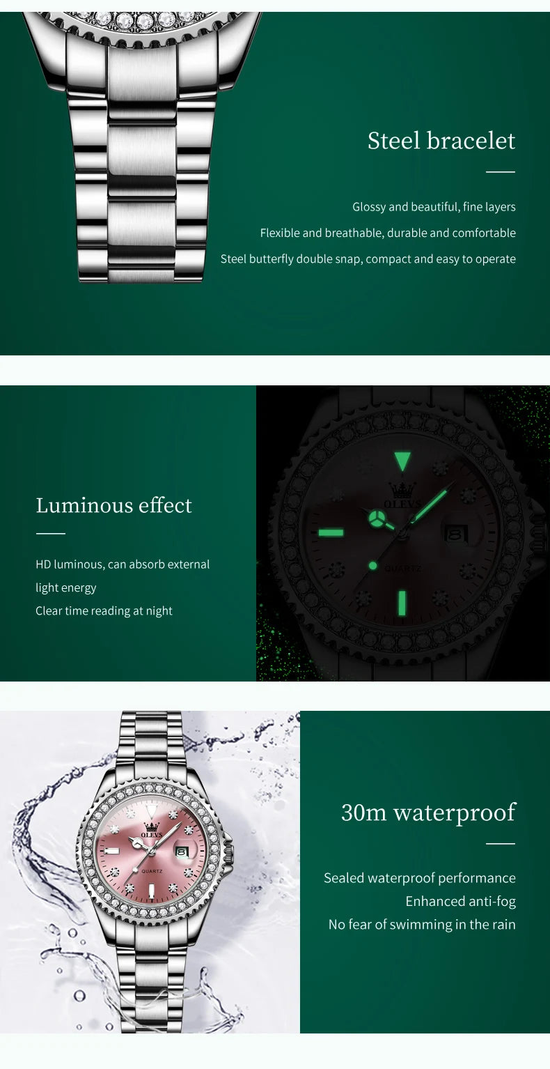 ساعة OLEVS 9945 النسائية - ساعة فاخرة من الفولاذ بتقويم ألماسي