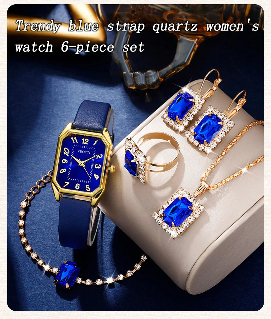 Montre carrée pour femme - Montre-bracelet à quartz avec bracelet en cuir bleu de luxe