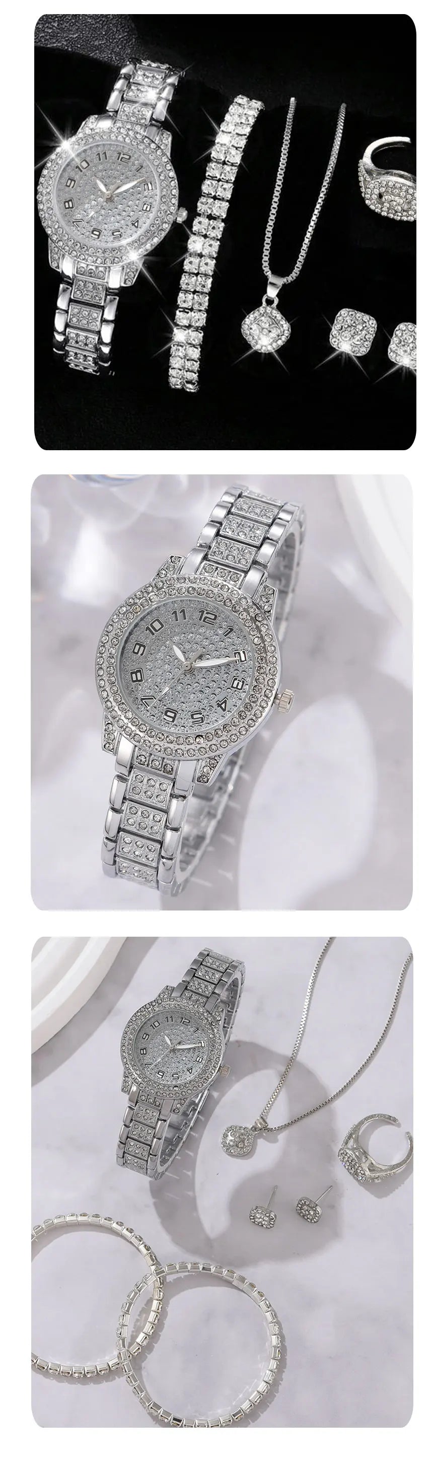 Coffret de 6 montres de luxe pour femmes, ornées de cristaux et de strass, à quartz.