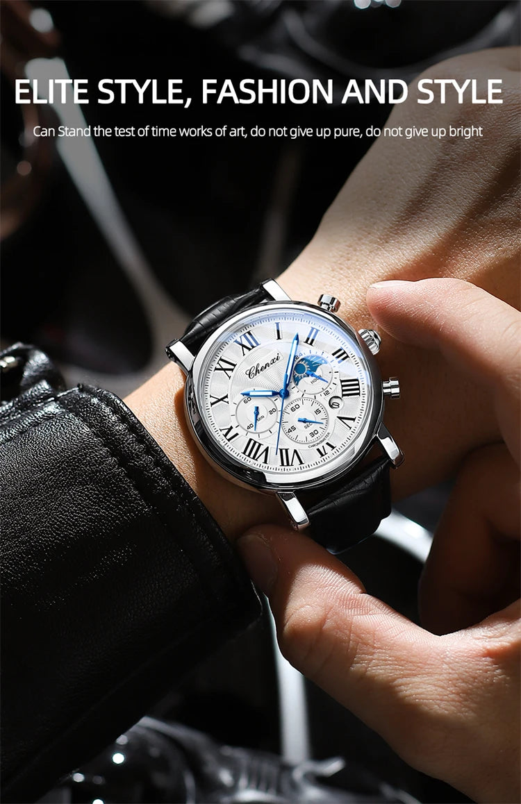 Montre homme CHENXI 973 à quartz, multifonctions, avec phase de lune et date, cadran analogique romain et bracelet en cuir. Idéale comme cadeau.