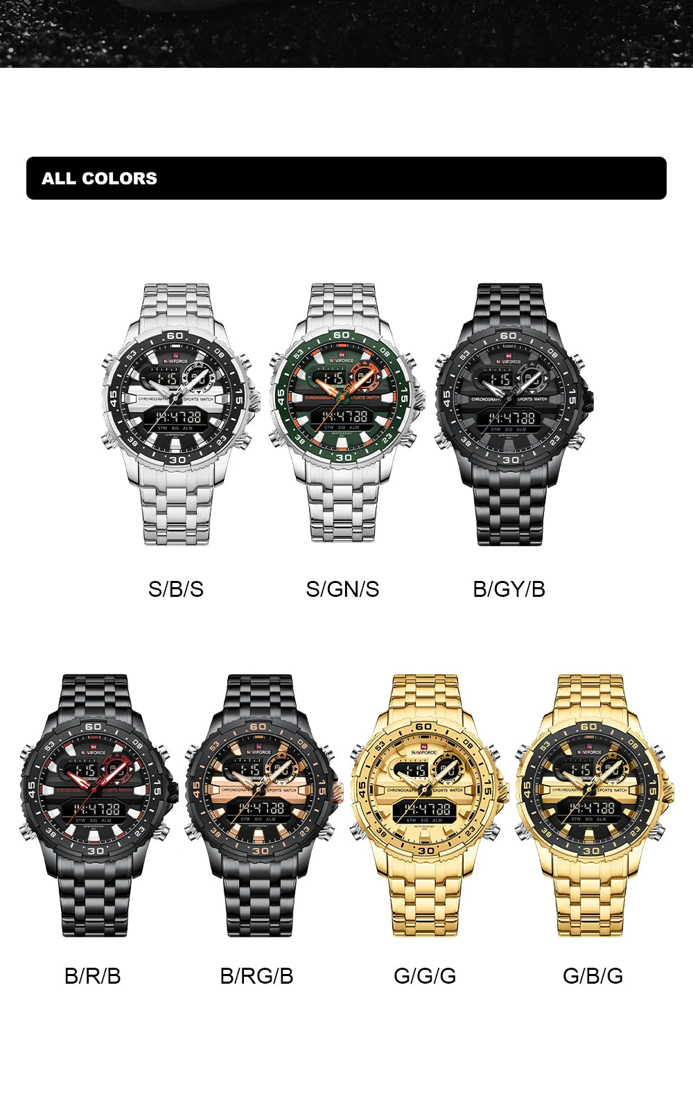 ساعة NAVIFORCE الرياضية الفاخرة للرجال مقاومة للماء وحركة كوارتز كرونوغراف وسوار فولاذي وعرض التاريخ والأسبوع الرقمي