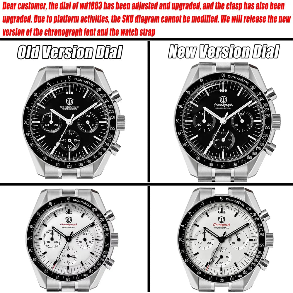 Montre Watchdives WD1863 à quartz, mouvement chronographe VK63, verre saphir bombé, étanche à 10 bar, luminescente, 39 mm, style vintage