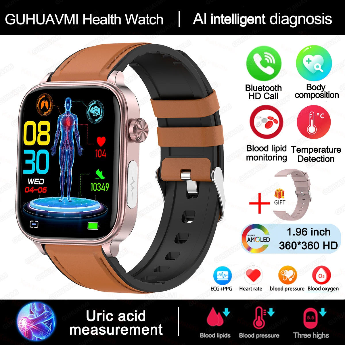Smart Watch 2025 - ECG+PPG Blood Pressure Blood Lipid Uric Acid Menstrual Tracker