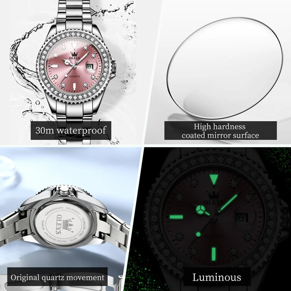 ساعة OLEVS 9945 النسائية - ساعة فاخرة من الفولاذ بتقويم ألماسي