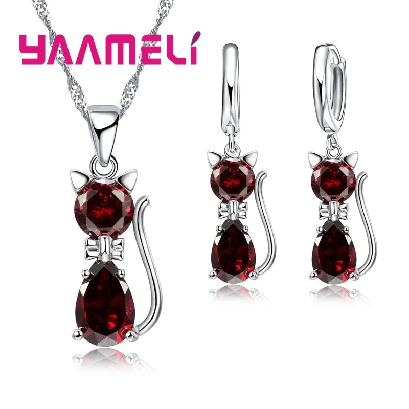 Jewelry Set - 925 Silver Cat Pendant Necklace Huggie Earring Set