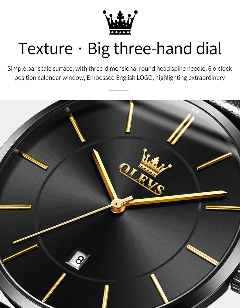 Montre à quartz OLEVS 5869 pour homme, ultra-fine (6,5 mm), minimaliste, étanche, avec date, idéale pour les affaires. Montre-bracelet simple et élégante pour homme.