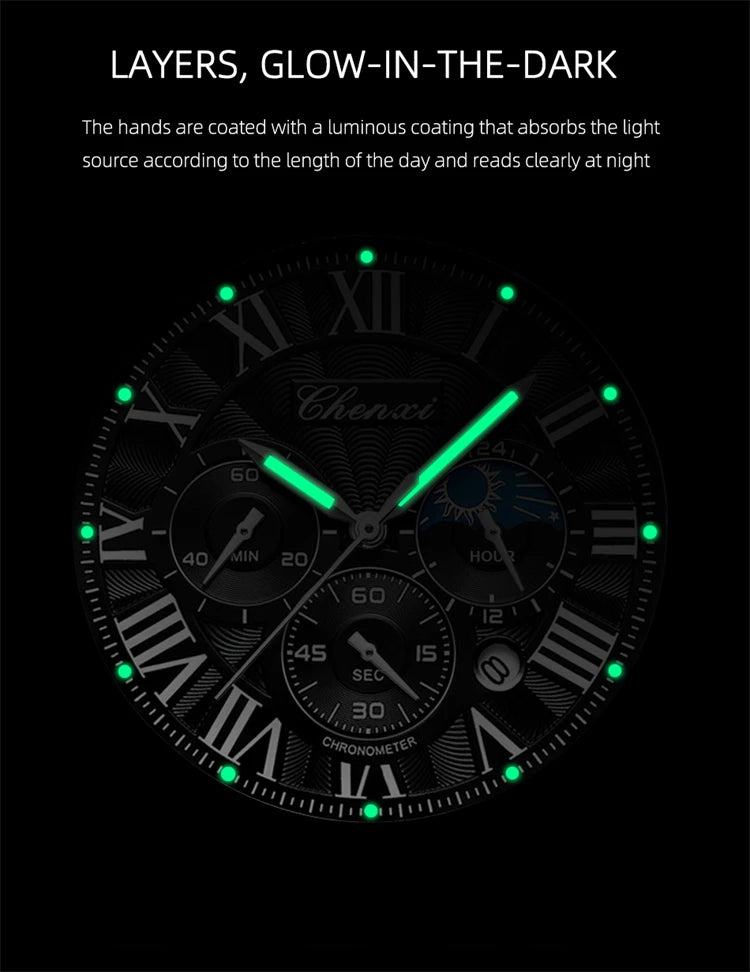 Montre homme CHENXI 973 à quartz, multifonctions, avec phase de lune et date, cadran analogique romain et bracelet en cuir. Idéale comme cadeau.