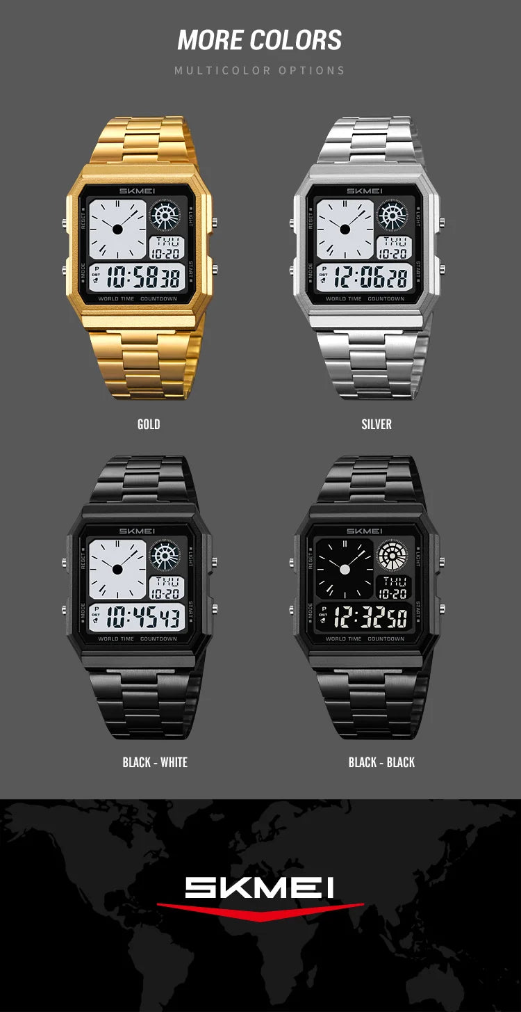 ساعة سكمي الإلكترونية الرقمية العالمية للرجال والنساء مقاومة للماء والرياضات الخارجية بسوار من الفولاذ المقاوم للصدأ ساعات يد للرجال