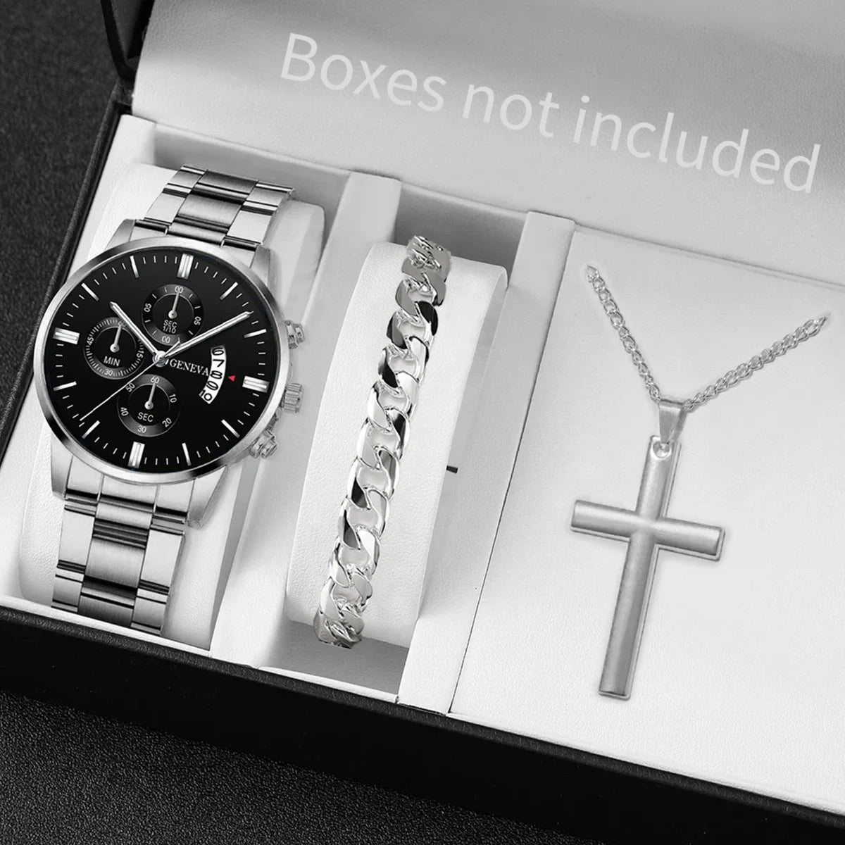 Men's Watch Set - 3pcs Business Quartz Watch Bracelet Necklace Gift Set