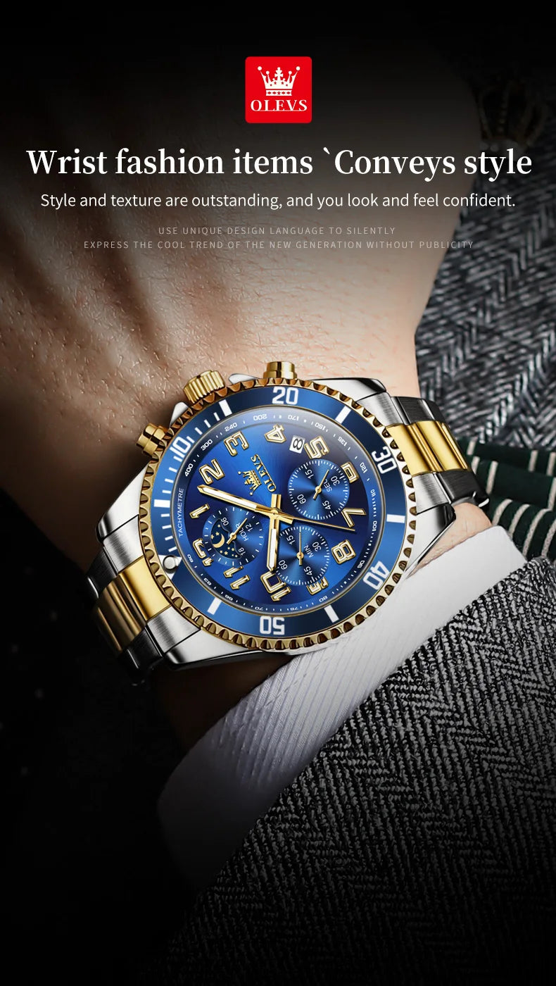 ساعات OLEVS 2926 للرجال ماركة أزياء جديدة فاخرة كوارتز ساعة بثلاثة موانئ صغيرة من الفولاذ المقاوم للصدأ ومقاومة للماء كرونوغراف