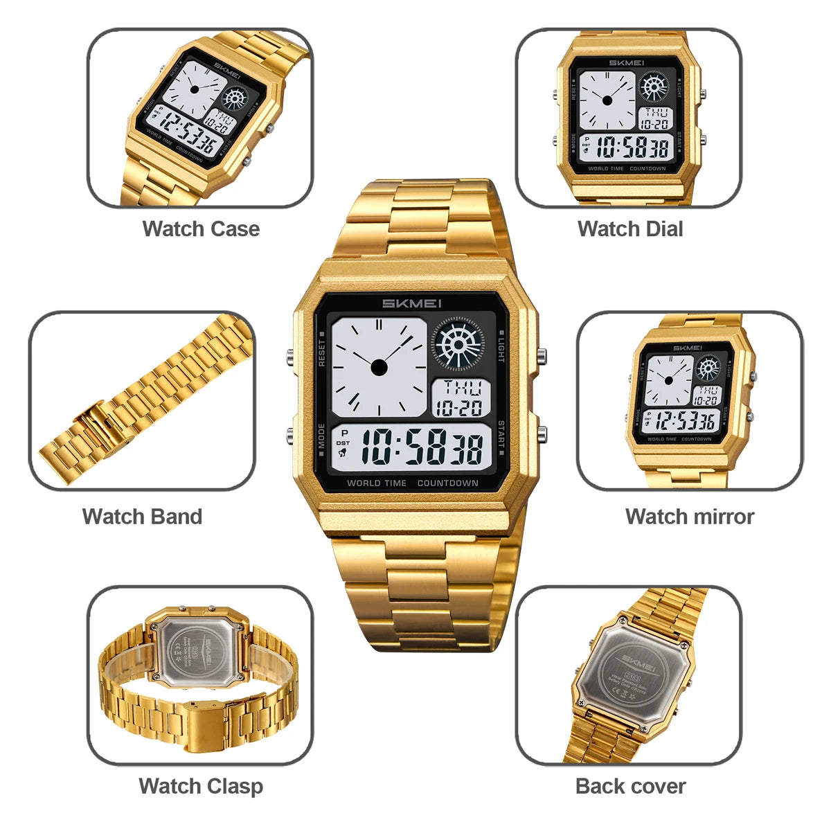 ساعة سكمي الإلكترونية الرقمية العالمية للرجال والنساء مقاومة للماء والرياضات الخارجية بسوار من الفولاذ المقاوم للصدأ ساعات يد للرجال