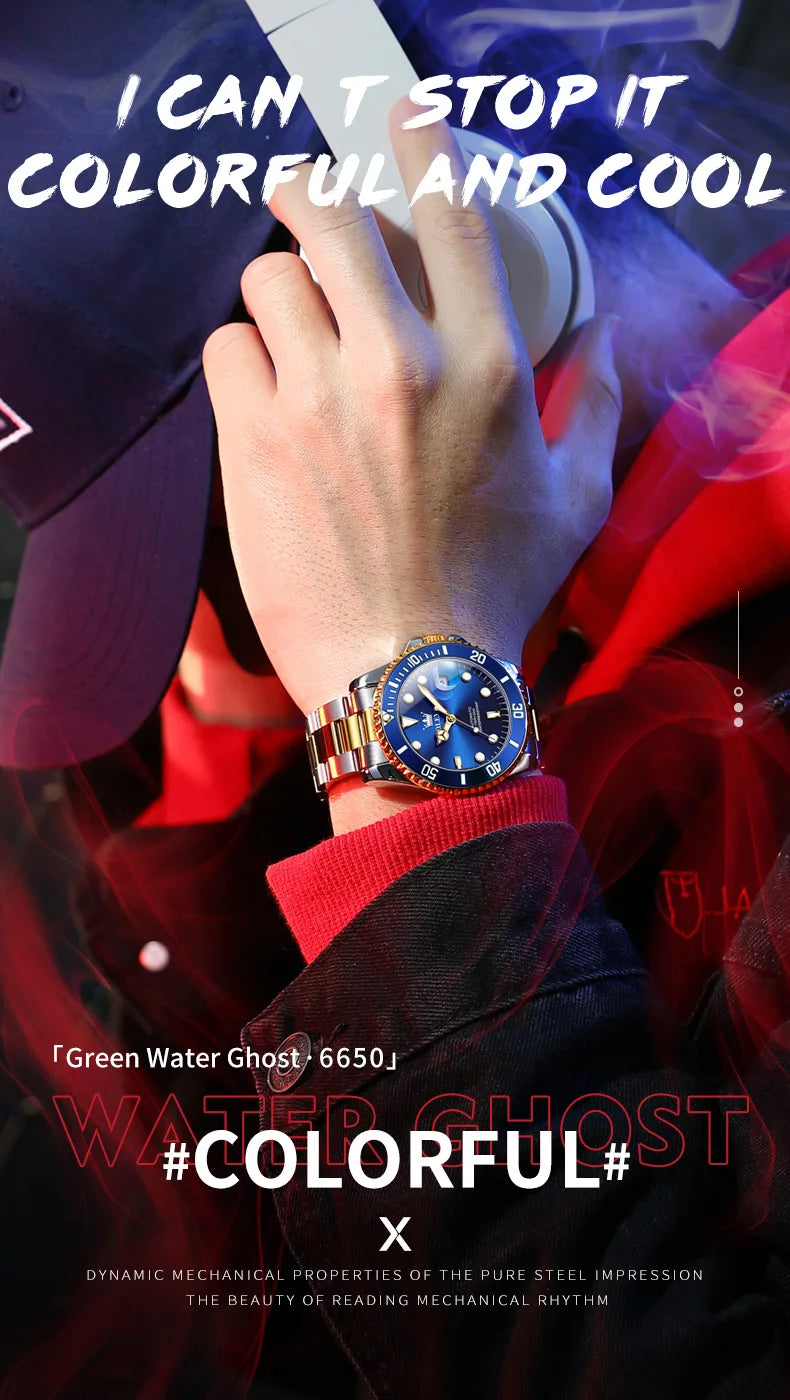 Montre homme OLEVS 6650, classique et originale, automatique, mécanique, avec index en zircon, étanche et lumineuse, en acier inoxydable.