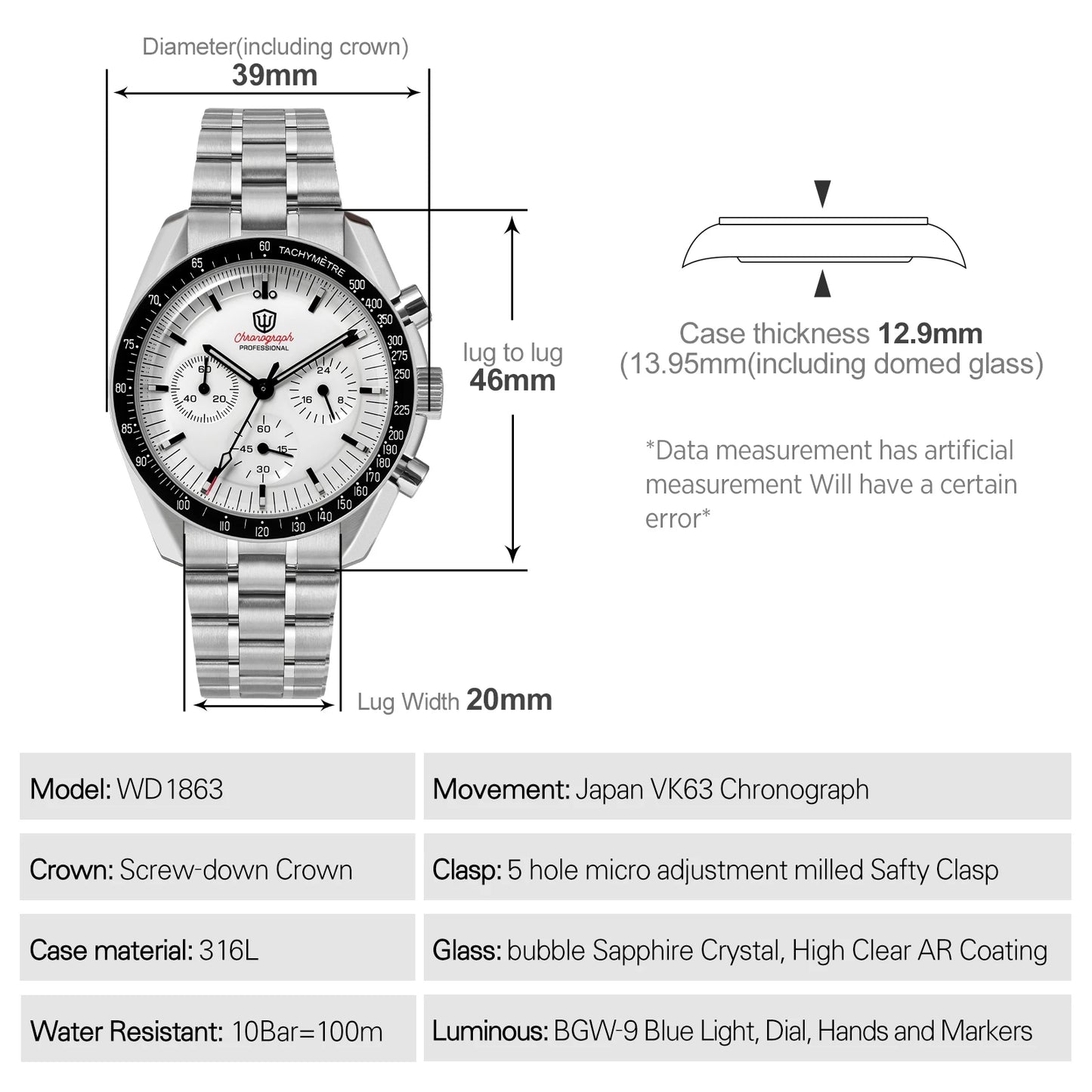 Montre Watchdives WD1863 à quartz, mouvement chronographe VK63, verre saphir bombé, étanche à 10 bar, luminescente, 39 mm, style vintage
