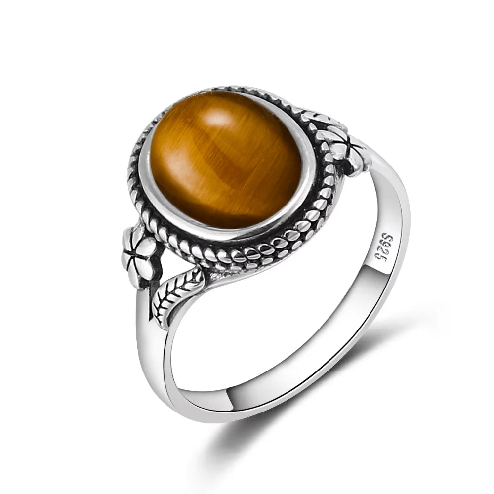 خاتم عين النمر - خاتم إصبع السبابة من الفضة 925 بتصميم زهرة عتيقة