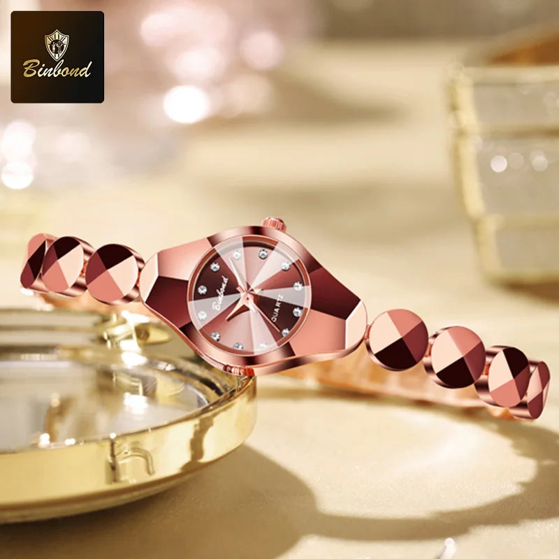 ساعة BINBOND النسائية - سوار فولاذي فاخر مقاوم للماء