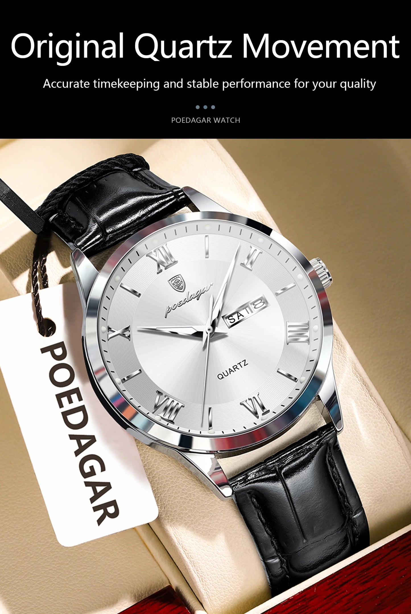 ساعة يد رجالية كلاسيكية فاخرة من POEDAGAR، ساعة رجال أعمال جلدية مقاومة للماء ومضيئة، ساعات كوارتز أنيقة للرجال