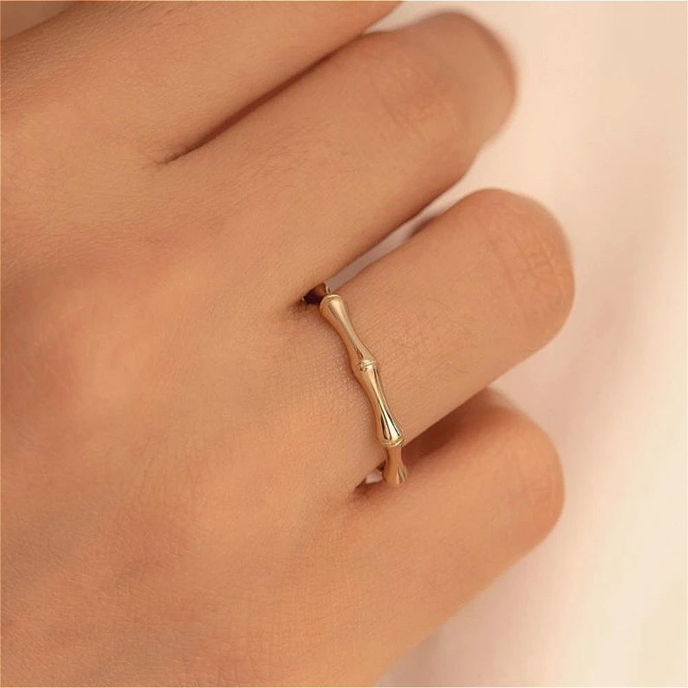 Bamboo Stackable Rings - Minimalist Gold Stainless Steel Set