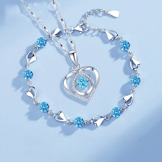 Jewelry Set - 925 Silver Heart Necklace Bracelet Korean Crystal Set