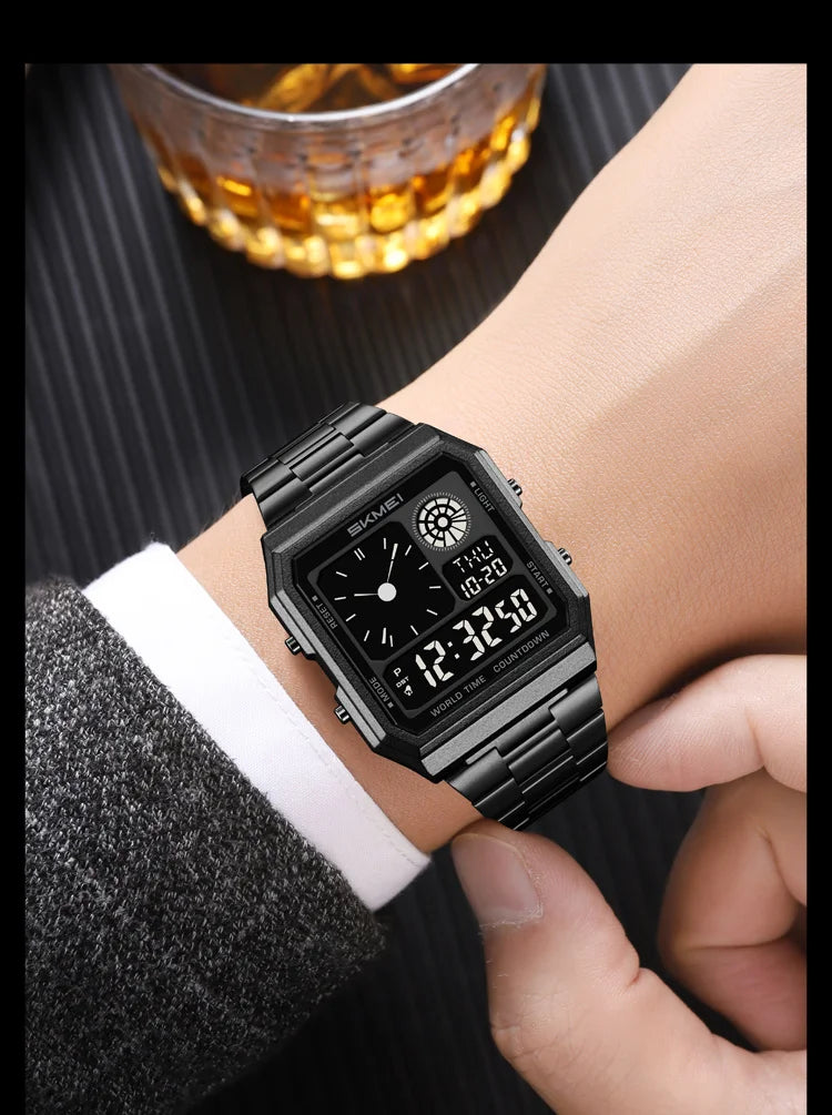 ساعة سكمي الإلكترونية الرقمية العالمية للرجال والنساء مقاومة للماء والرياضات الخارجية بسوار من الفولاذ المقاوم للصدأ ساعات يد للرجال