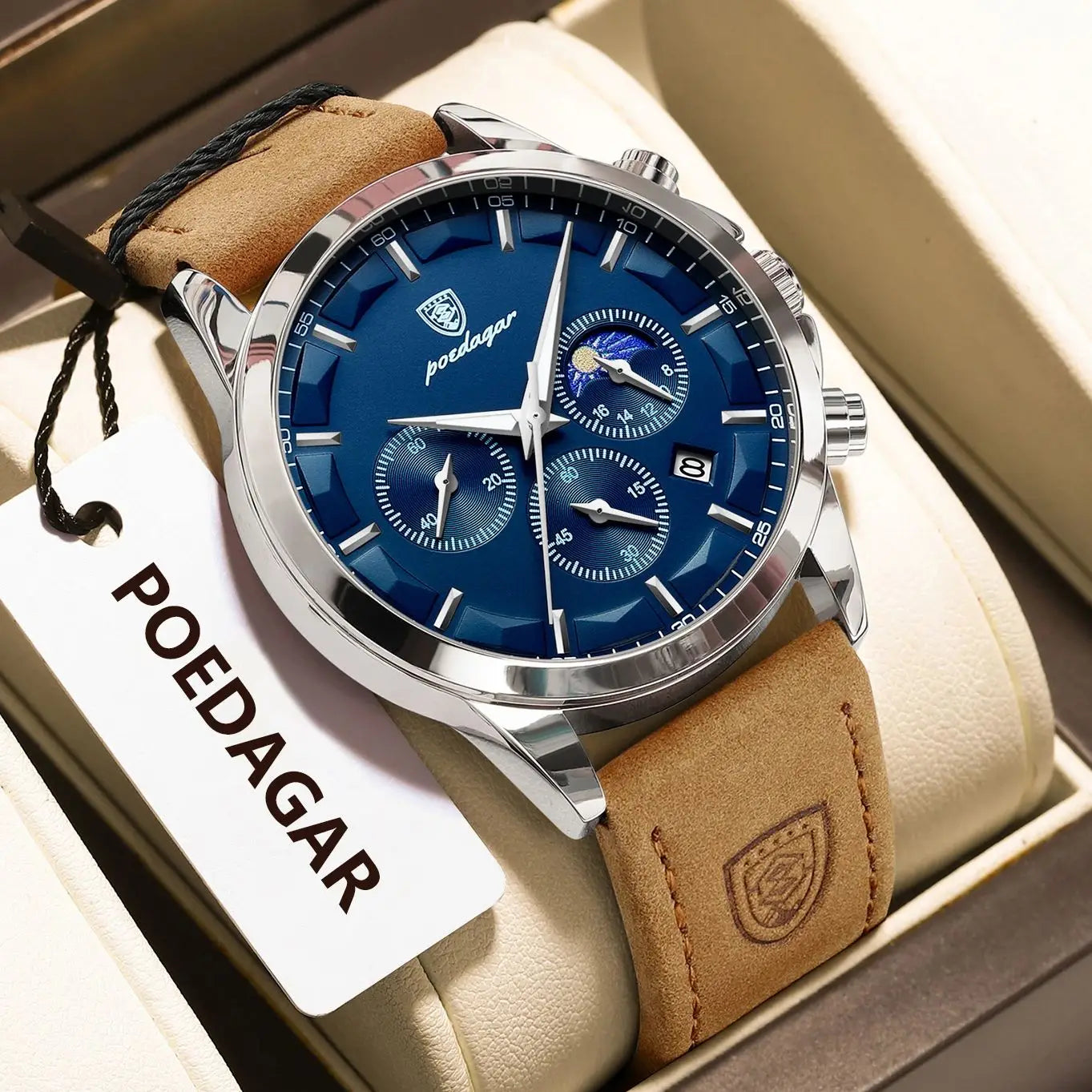 ساعة يد رجالية فاخرة من POEDAGAR مقاومة للماء كرونوغراف مضيئة مع تاريخ للرجال ساعة جلدية رياضية عسكرية كوارتز ساعات رجالية Reloj