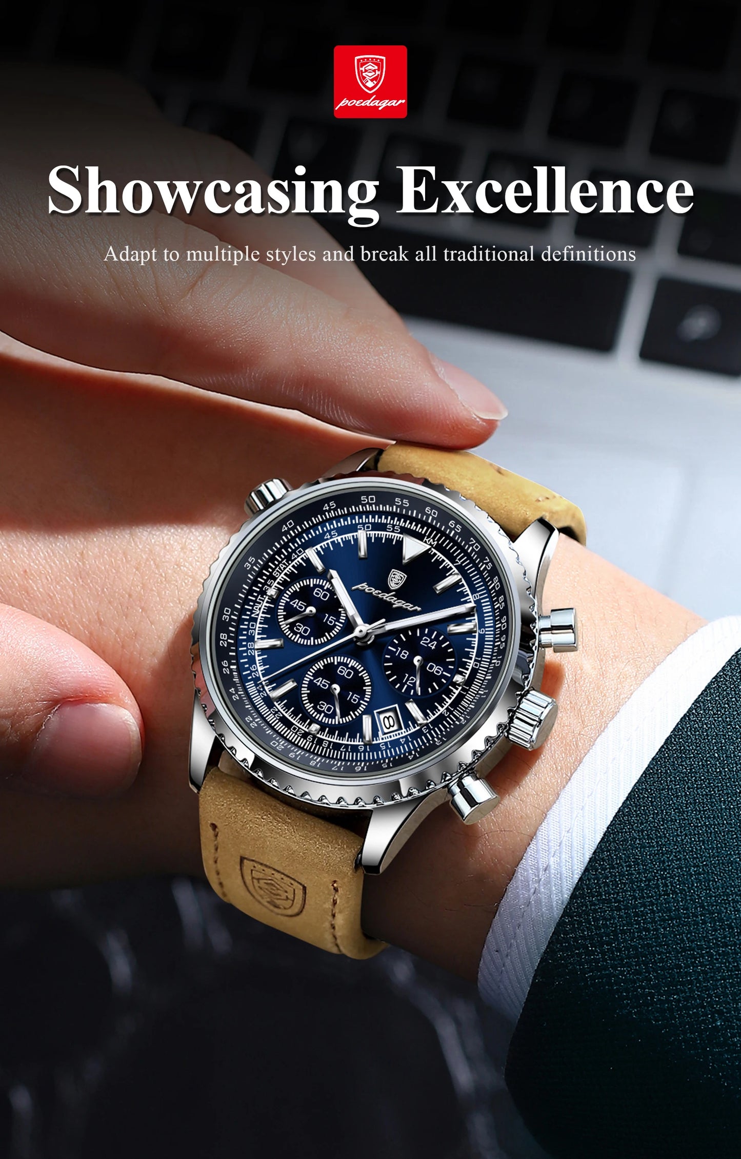 ساعة رجالية فاخرة من ماركة POEDAGAR مقاومة للماء ومضيئة وتاريخ كرونوغراف من الجلد ساعة رجالية كوارتز ساعات عمل أنيقة للرجال