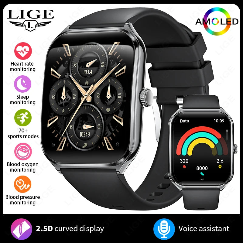 LIGE Ultra Thin Smart Watch - 1.96" AMOLED Curved Display BT Call Heart Rate