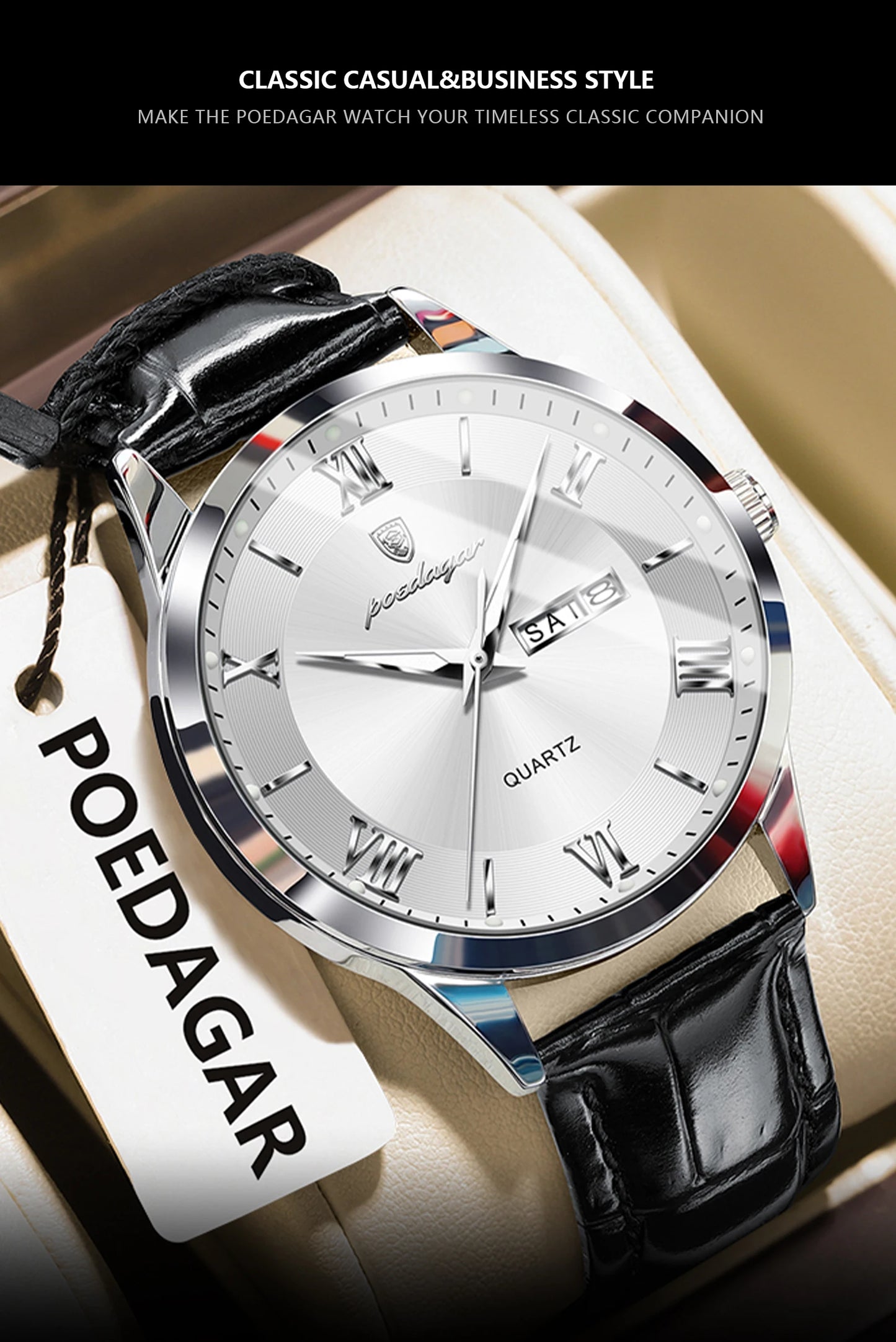 ساعة يد رجالية كلاسيكية فاخرة من POEDAGAR، ساعة رجال أعمال جلدية مقاومة للماء ومضيئة، ساعات كوارتز أنيقة للرجال