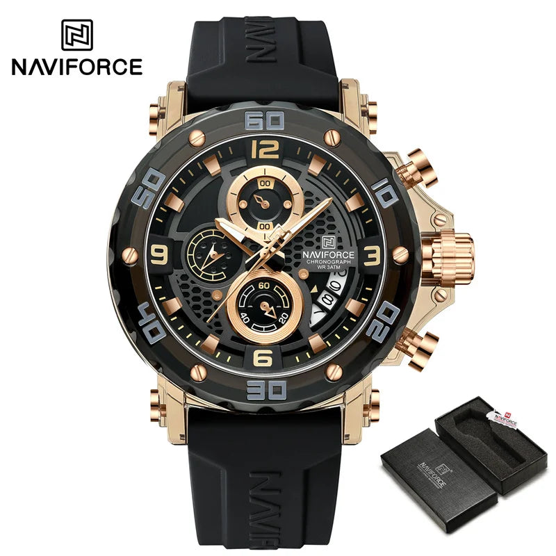 ساعة NAVIFORCE للرجال كوارتز عصرية مقاومة للماء حتى 5ATM ساعات رجالية كرونوغراف عقارب مضيئة حزام سيليكون خفيف الوزن