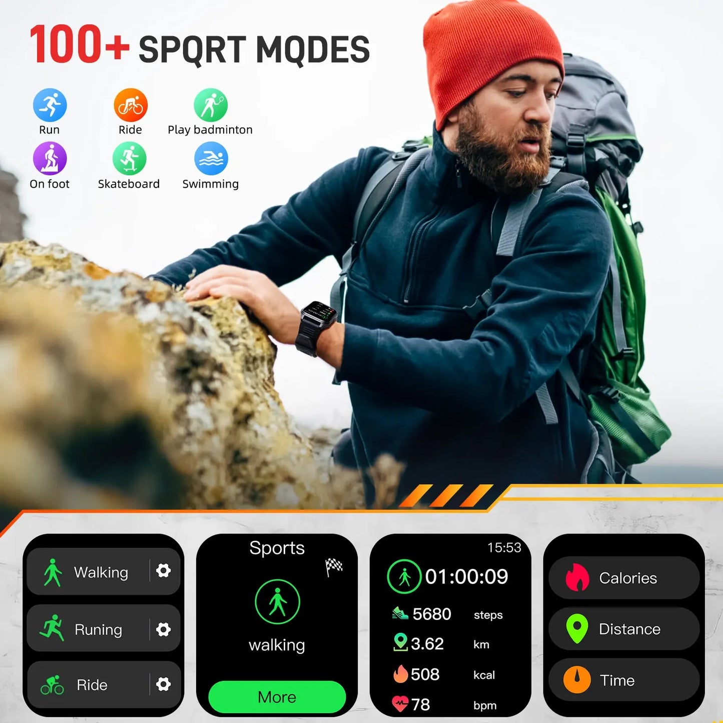 Montre connectée EIGIIS P73 - Étanche 3 ATM, suivi d'activité, fréquence cardiaque, appels Bluetooth militaires