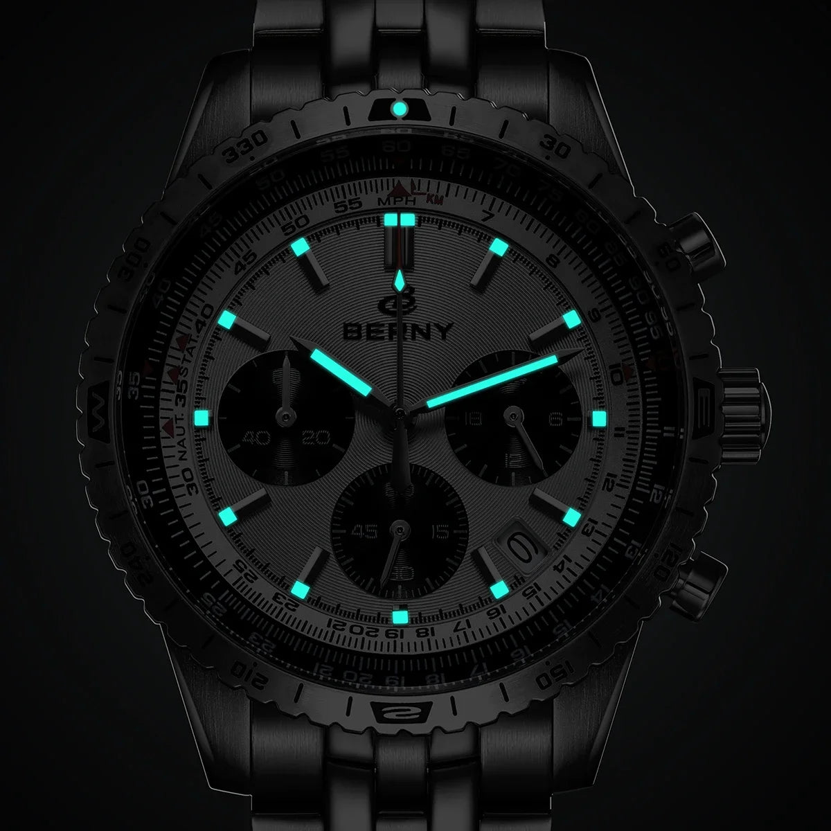 Montre chronographe BERNY pour homme, montre de pilote d'aviation multifonction à quartz avec date, verre saphir et luminescence intense. Montre-bracelet de luxe.