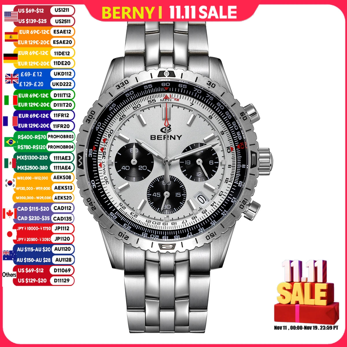 Montre chronographe BERNY pour homme, montre de pilote d'aviation multifonction à quartz avec date, verre saphir et luminescence intense. Montre-bracelet de luxe.