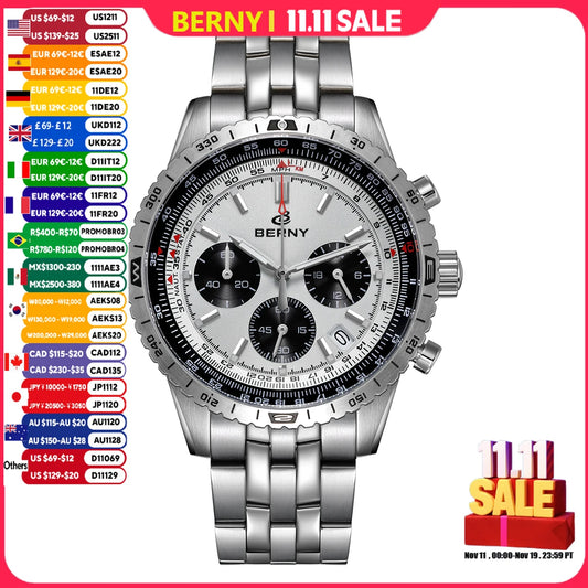 ساعات برني كرونوغراف للرجال، ساعة طيران متعددة الوظائف، كوارتز، للرجال، ساعة يد فاخرة فائقة الإضاءة، مرصعة بالياقوت الأزرق