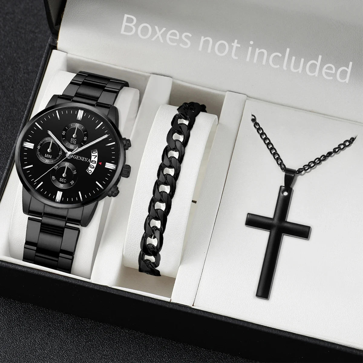 Men's Watch Set - 3pcs Business Quartz Watch Bracelet Necklace Gift Set
