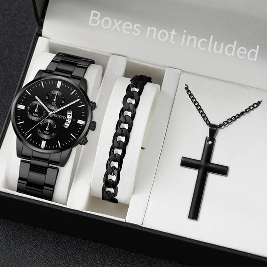 Men's Watch Set - 3pcs Business Quartz Watch Bracelet Necklace Gift Set