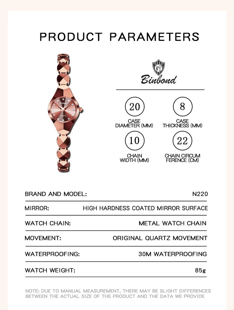 ساعة BINBOND النسائية - سوار فولاذي فاخر مقاوم للماء