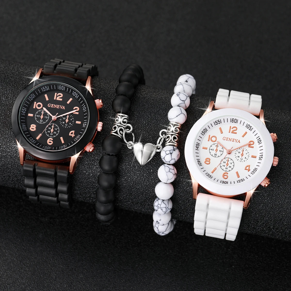 Couple Watch Set - 4pcs Arabic Silicone Band Heart Bracelet Watches