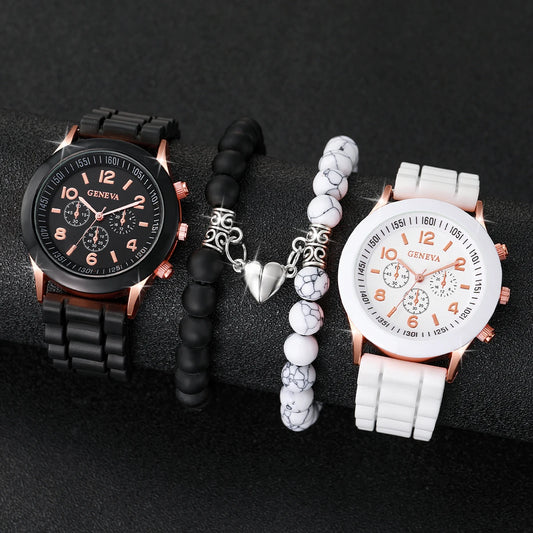 Couple Watch Set - 4pcs Arabic Silicone Band Heart Bracelet Watches