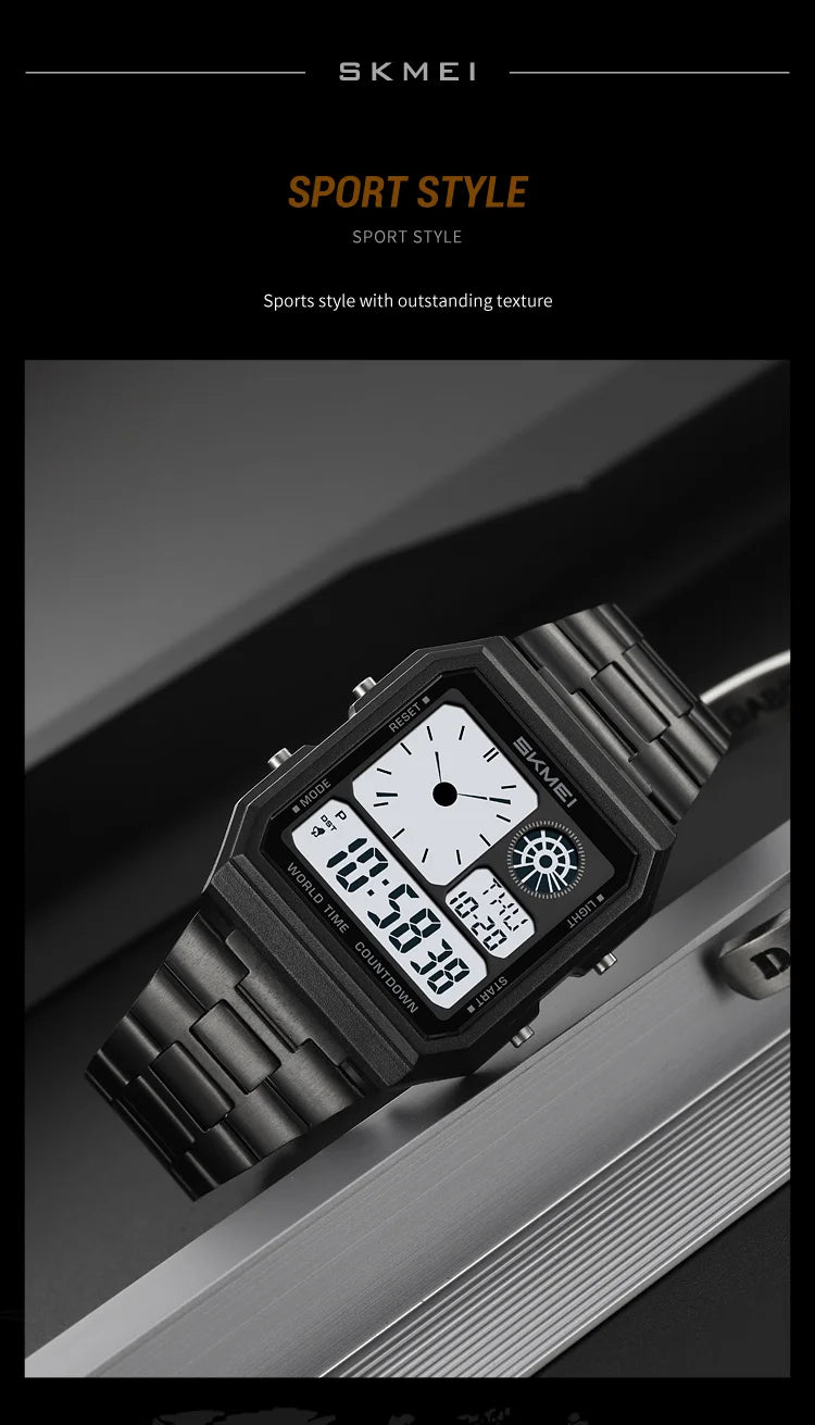 ساعة سكمي الإلكترونية الرقمية العالمية للرجال والنساء مقاومة للماء والرياضات الخارجية بسوار من الفولاذ المقاوم للصدأ ساعات يد للرجال