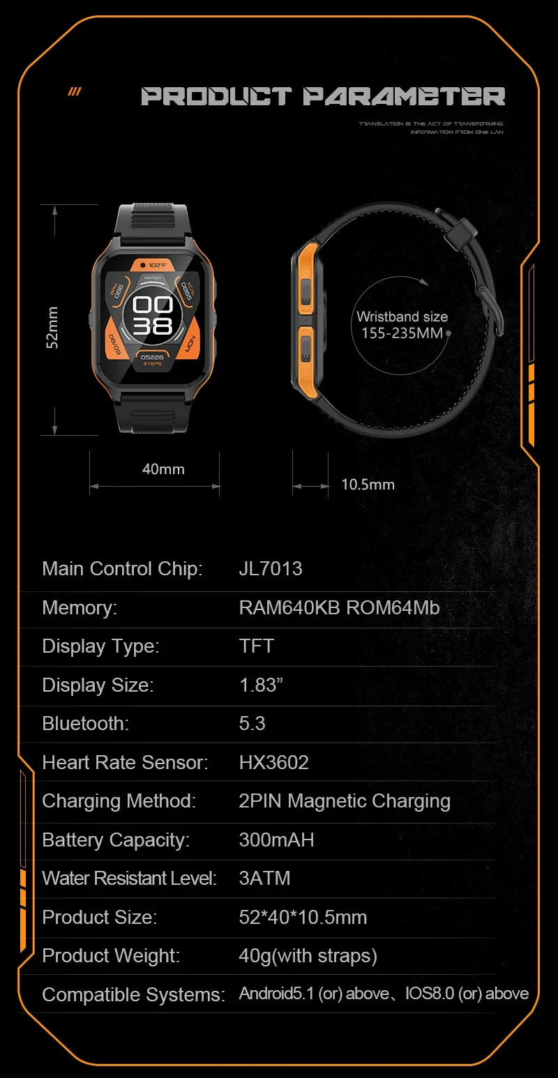 Montre connectée EIGIIS P73 - Étanche 3 ATM, suivi d'activité, fréquence cardiaque, appels Bluetooth militaires