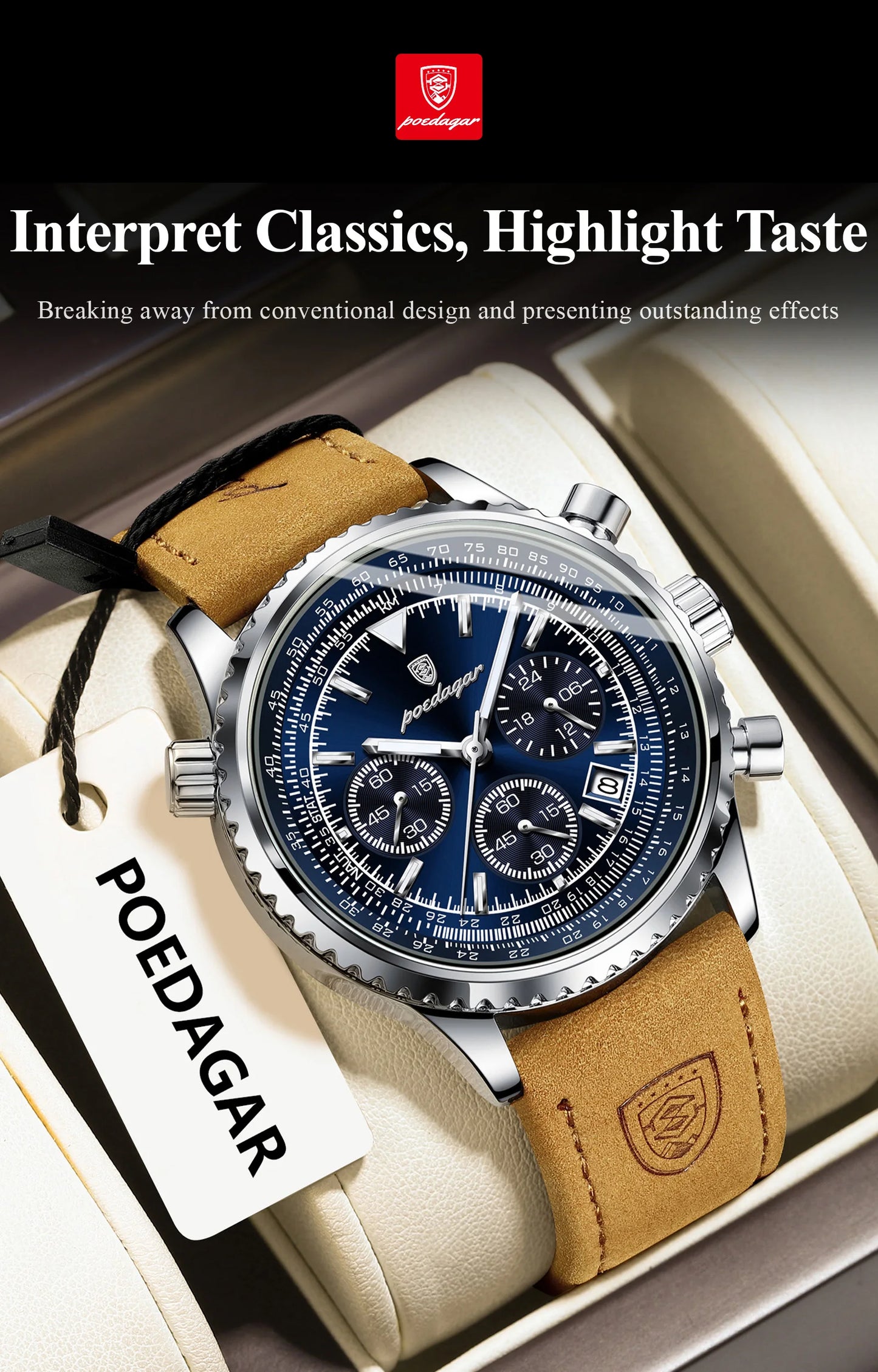 ساعة رجالية فاخرة من ماركة POEDAGAR مقاومة للماء ومضيئة وتاريخ كرونوغراف من الجلد ساعة رجالية كوارتز ساعات عمل أنيقة للرجال