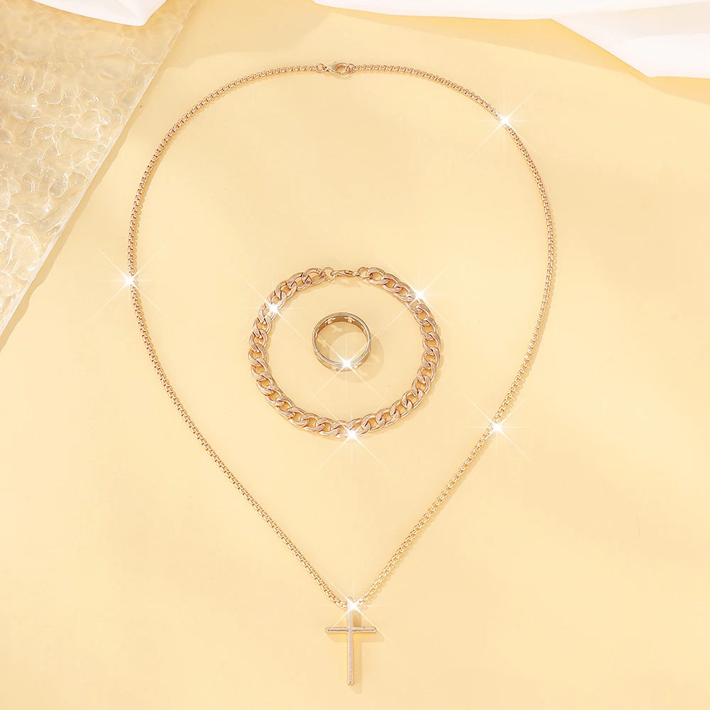 Men's Jewelry Set - 3pcs Cross Pendant Necklace Bracelet Ring Set