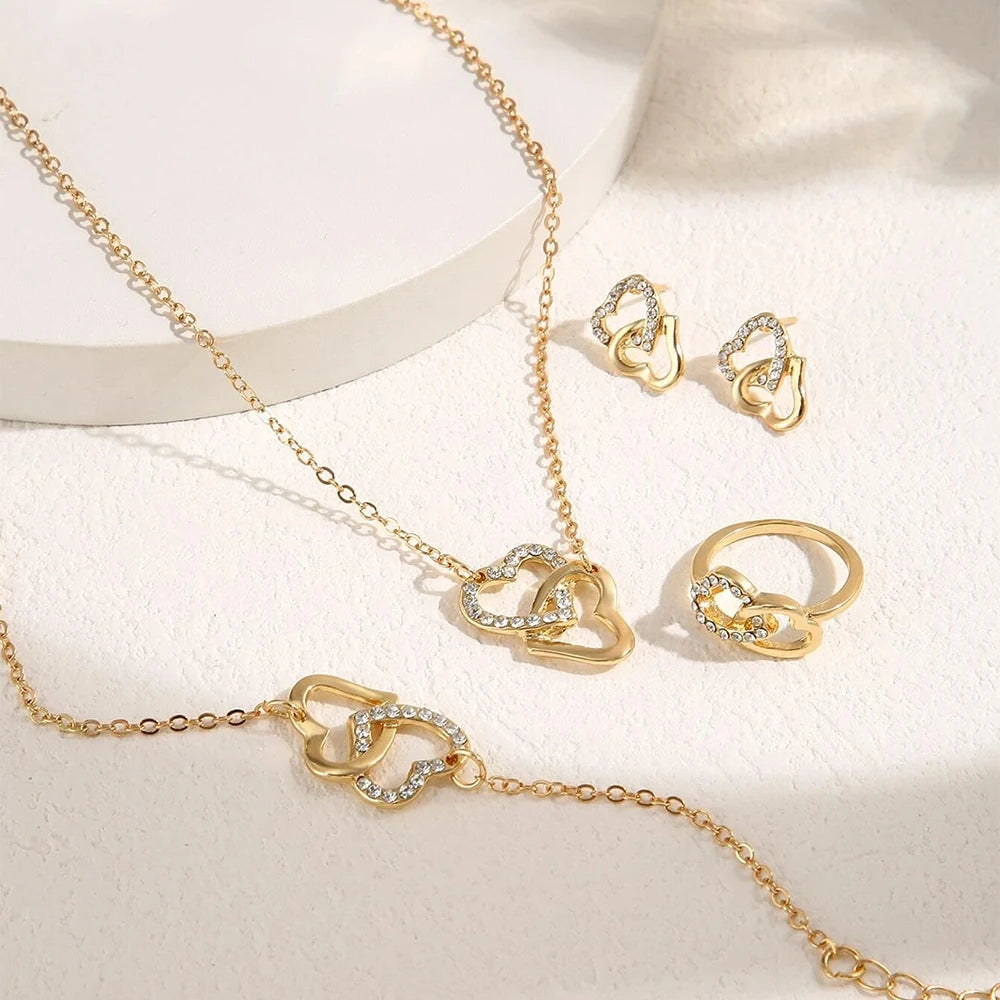 Jewelry Set - 5pcs Gold Rhinestone Heart Earrings Necklace Bracelet Ring Set