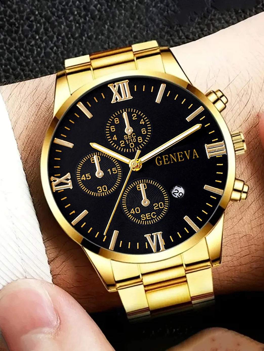 Men's Watch Set - 4pcs Gold Roman Calendar Watch Cross Necklace Bracelet Ring Set